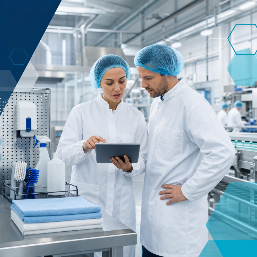 Responsables qualité et production analysant un protocole de désinfection en agroalimentaire